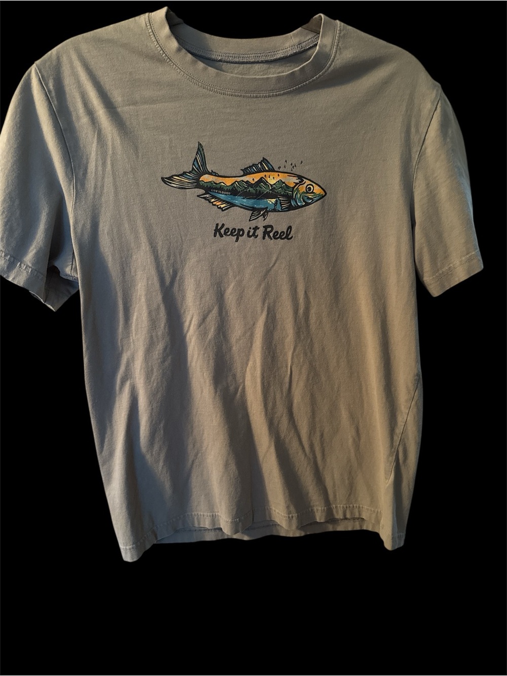 Life Is Good Beige Graphic Tee with Multi-Color Fish Print